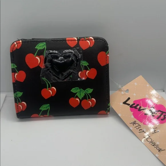 🍒 NWT Luv Betsey by Betsey Johnson Cherry Sweet Bifold Wallet - Black Heart HTF🍒 - Picture 8 of 16